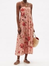 ZIMMERMANN Cassia Musk Floral-print linen midi dress in pink / spaghetti strap summer dresses