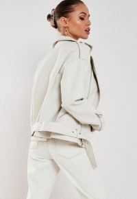 MISSGUIDED cream faux leather oversized biker jacket ~ casual stud and zip detail boyfriend fit jackets