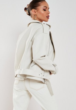 MISSGUIDED cream faux leather oversized biker jacket ~ casual stud and zip detail boyfriend fit jackets