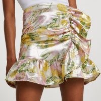 RIVER ISLAND Cream floral jacquard frill mini skirt / shiny ruffled skirts