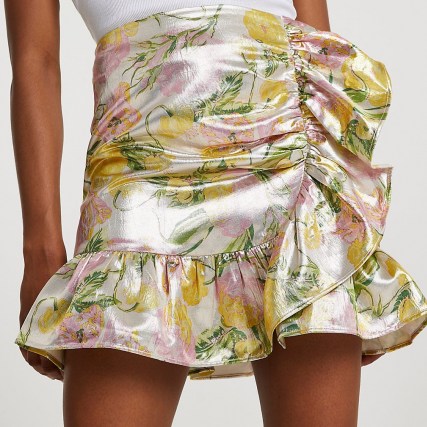 RIVER ISLAND Cream floral jacquard frill mini skirt / shiny ruffled skirts