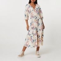 RIVER ISLAND Cream long sleeve floral smock dress