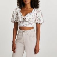 RIVER ISLAND Cream puff sleeve floral tie front crop top