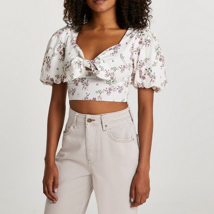 RIVER ISLAND Cream puff sleeve floral tie front crop top