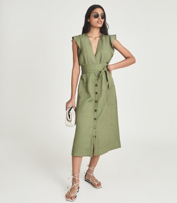 REISS EMMA LINEN BLEND MIDI DRESS KHAKI ~ green flutter sleeve tie waist dresses