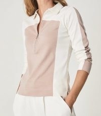 REISS FERNANDA ZIP NECK POLO SHIRT PINK/WHITE ~ casual colour block top