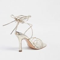 RIVER ISLAND Gold embossed square toe tie up sandal ~ strappy metallic party sandals