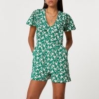 RIVER ISLAND Green short sleeve floral collared playsuit / summer playsuits