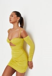 MISSGUIDED helena critchley edit chartreuse slinky twist front mini dress ~ ruched cut out bodycon dresses