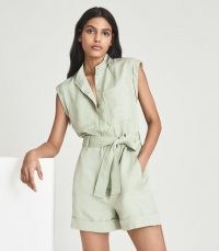 REISS JOE LINEN BLEND PLAYSUIT ~ green cap sleeve utility style platsuits