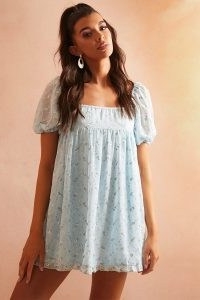 LORNA LUXE BLUE ‘DOLLY’ ROSE EMBROIDERED CHIFFON DIPPED HEM SMOCK MICRO MINI