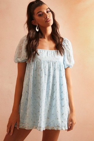 LORNA LUXE BLUE ‘DOLLY’ ROSE EMBROIDERED CHIFFON DIPPED HEM SMOCK MICRO MINI