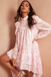 LORNA LUXE PINK FLORAL PRINT ‘GISELLE’ PUFF SLEEVE HIGH NECK GRADUATED HEM DRESS / romantic vintage style dresses