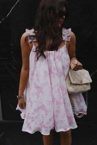 LORNA LUXE PINK ‘MIRAVAL’ FRILL SHOULDER HEM DRESS / floaty floral slip dresses