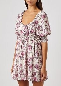 MISA Ara floral-print mini dress / romantic scooped-neck short puff sleeve dresses