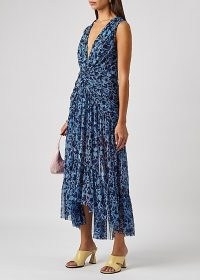 MISA Ava blue printed tulle midi dress / romantic front-twist high low hemline dresses