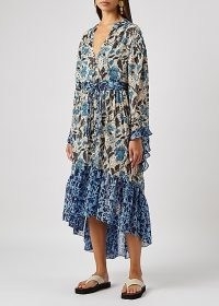 MISA Octavia floral-print chiffon midi dress / floaty cascading hemline summer dresses / romantic poolside cover-up