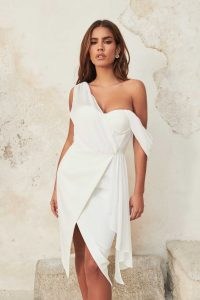 Lavish Alice one shoulder chiffon mix corset midi dress in white | floaty asymmetric evening dresses