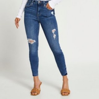 River Island Petite blue high rise bum sculpt skinny jeans | sulpting denim skinnies ~ ripped ~ distressed