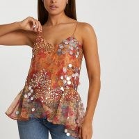 RIVER ISLAND Pink floral embellished asymmetric cami top / sequinned peplum hem camisole / strappy tops