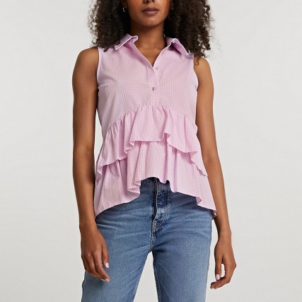 RIVER ISLAND Pink frill layered smock shirt ~ sleeveless checked tiered hem top