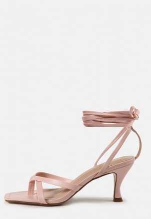 MISSGUIDED pink toe post lace up mid heeled sandals ~ this strappy faux leather sandal has all the right ingredients for you to look perfectly on-trend this season. With an angled mid heel, ankle tie detail and square toe, just add a favourite dress to create your own special look.