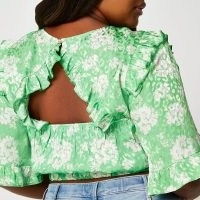 RIVER ISLAND Plus green jacquard open back frill top / floral ruffle trim crop tops