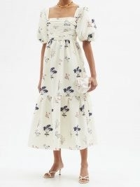 SELF-PORTRAIT Puff-sleeve floral-print crepe dress / romantic summer event wear / feminine ruched bodice occasion dresses