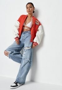 MISSGUIDED red contrast faux leather oversized varsity jacket ~ women’s classic American style casual jackets