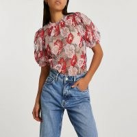 RIVER ISLAND Red short puff sleeve embroidered organza top / semi sheer floral tops