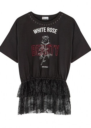 RED VALENTINO Black printed lace-trimmed cotton T-shirt | lace peplum tee