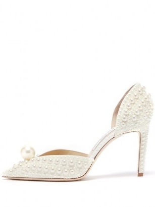 JIMMY CHOO Sabine pearl-embellished d’Orsay pumps / luxe courts / luxury court shoes / white bridal footwear