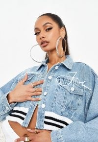 sean john x missguided blue bleached crop denim jacket ~ branded logo print jackets