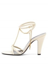 SAINT LAURENT Sue chain-embellished leather sandals / cream snake effect strappy high cone shaped heels