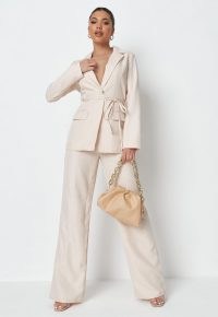 MISSGUIDED tall cream stripe linen look tie tailored blazer skinny