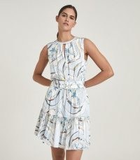 REISS VIENNA SWIRL PRINTED MINI DRESS BLUE/GREY ~ sleeveless dresses with belts