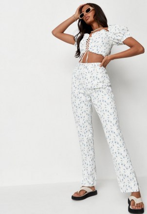 Missguided white co ord floral print split hem jeans | slit hems | high waist | printed denim