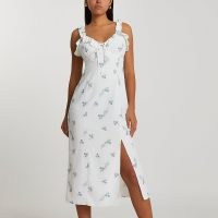 RIVER ISLAND White floral midi slip dress / vintage style camisole dresses / thigh high split hem