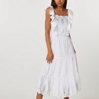 RIVER ISLAND White lace trim midi dress / romantic floral trimmed sundress