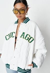 MISSGUIDED white quilted oversized chicago varsity jacket ~ trending American style jackets