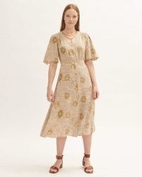 JIGSAW WOODLAND FLORAL MIDI DRESS / short fluted sleeve dresses