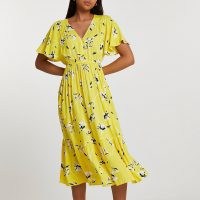 RIVER ISLAND Yellow batwing sleeve floral smock midi dress