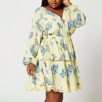 RIVER ISLAND PLUS Yellow long sleeve printed broderie dress / romantic floral plus size dresses