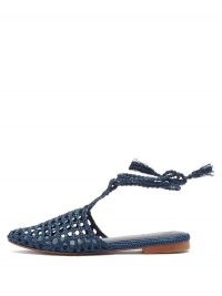 ZYNE Arianna navy wraparound-ties raffia backless loafers ~ blue ankle wrap flats