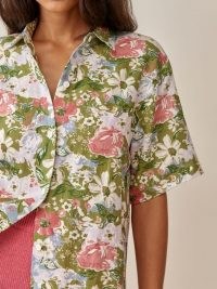 REFORMATION Aventura Linen Top in Summer of Love / womens short sleeve summer button down tops / women’s floral shirts