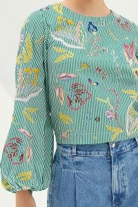 Maeve Embroidered Blouse Green Motif / floral ballon sleeve cotton blouses