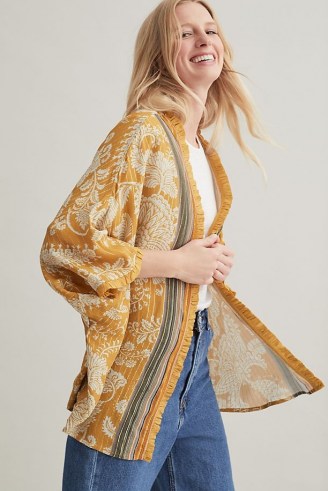Bl-nk Metallic Kimono Dark Yellow / floral ruffle trim kimonos / womens lightweight jackets