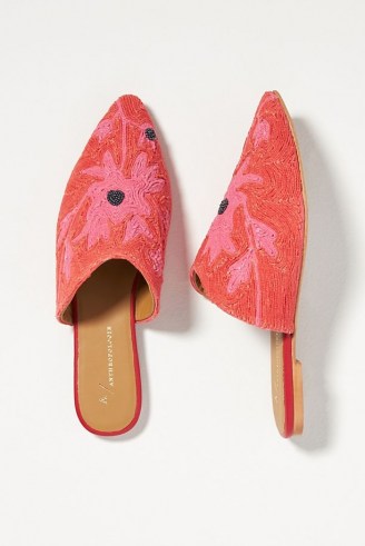 ANTHROPOLOGIE Embroidered Floral Mules / pink pointed toe flats