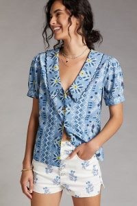 Forever That Girl Abstract Puff-Sleeve Shirt / womens blue floral oversized collar shirts