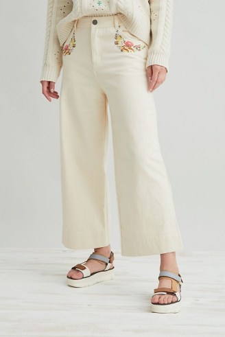 Anthropologie x Meadows Hana Embroidered Jeans Neutral / womens floral detail organic cotton denim jean / wide leg